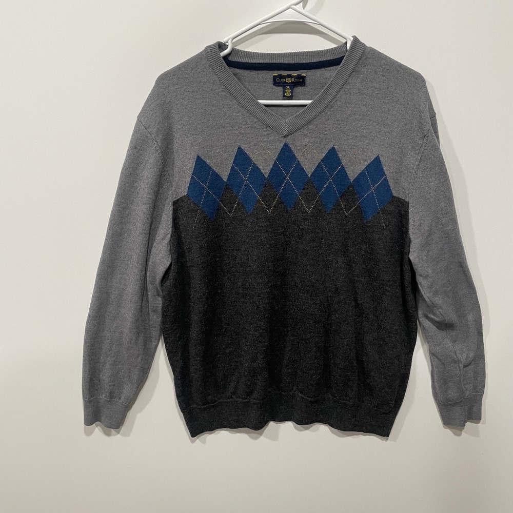 Club Room Mens V Neck Argyle Sweater XL Gray‎ Blue Merino Wool Blend